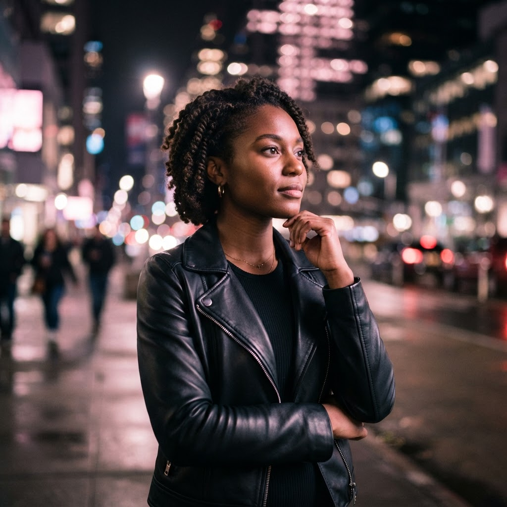 A confident woman standing in the city at night