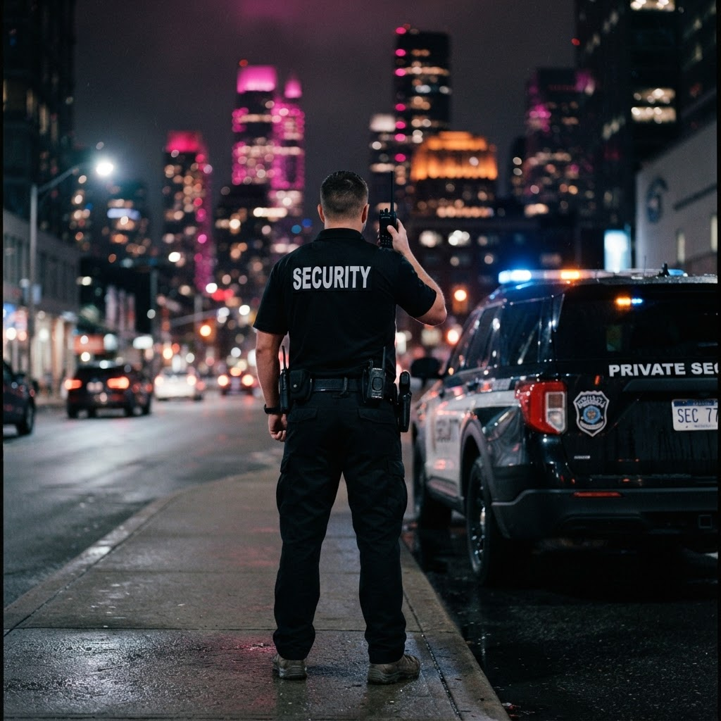 Private security officer beside a patrol vehicle at night